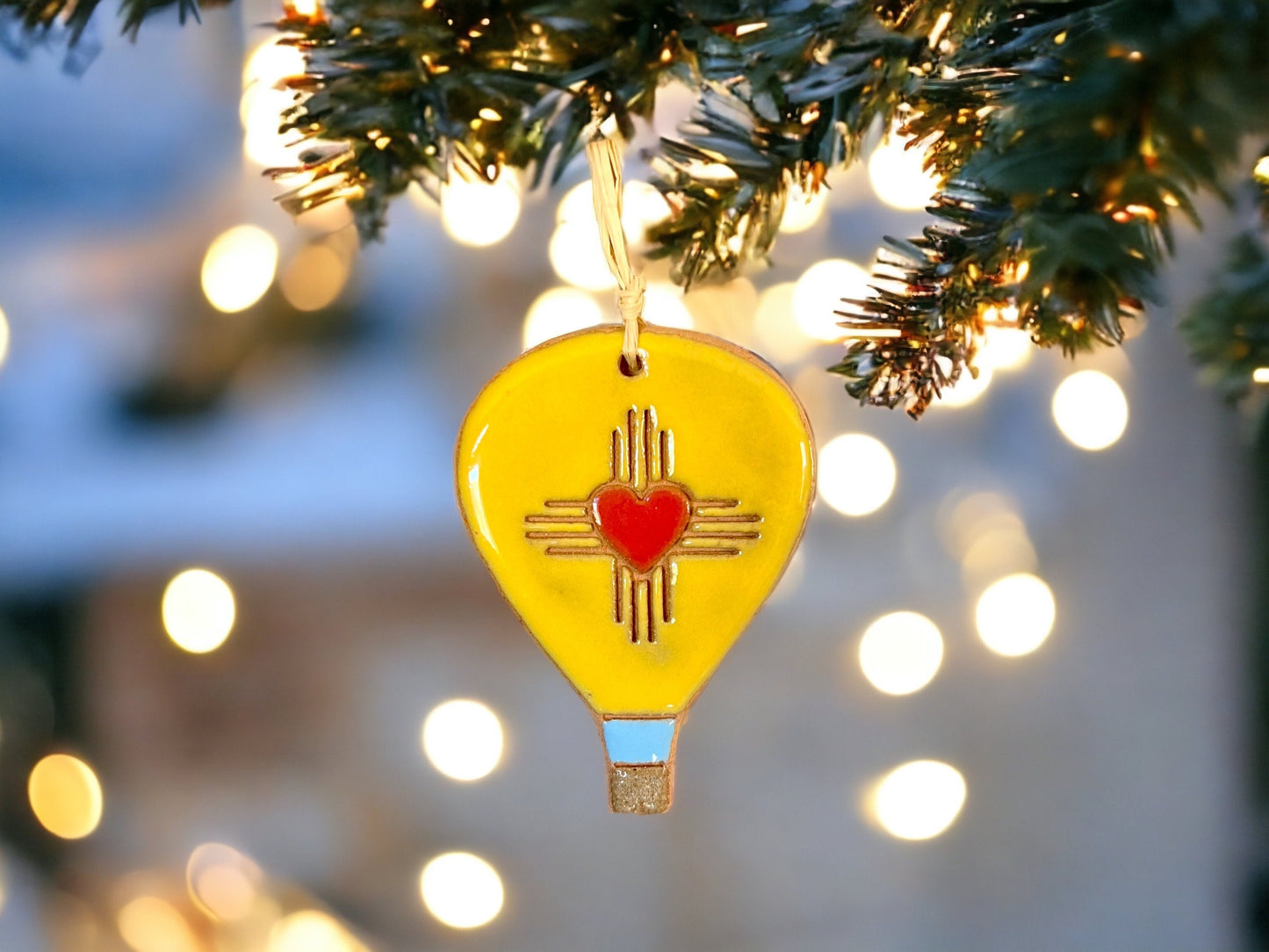 Heart with New Mexico Sun Symbol Hot Air Balloon Ornament: Local Handmade Hand Painted Ceramic Clay Christmas