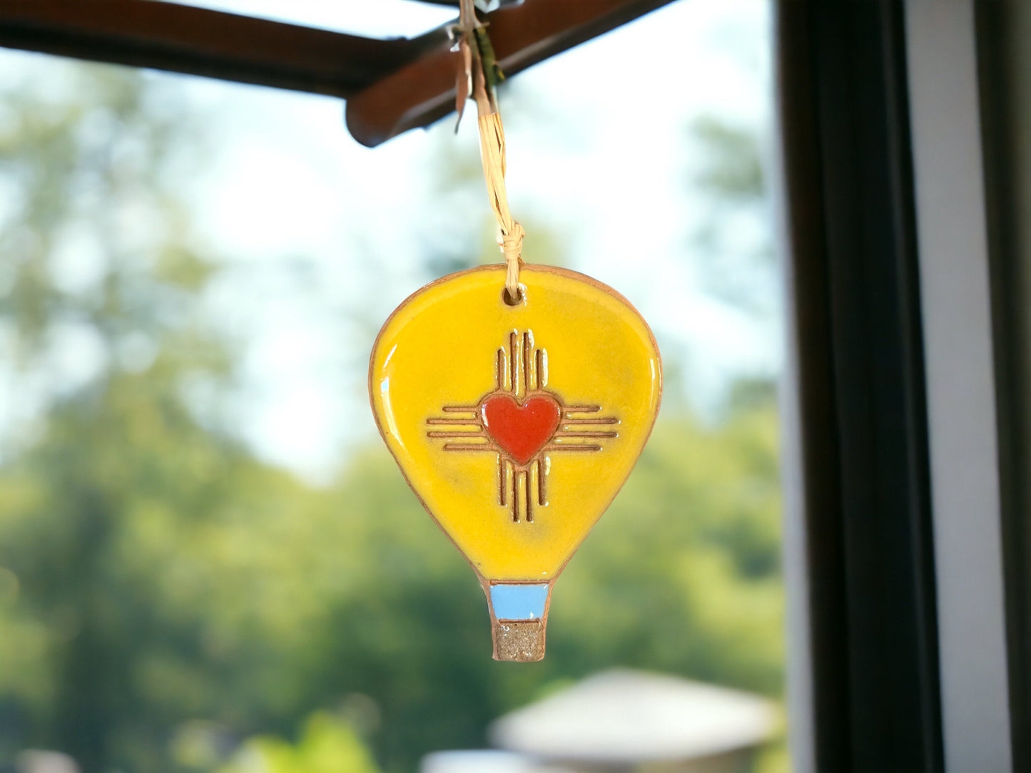 Heart with New Mexico Sun Symbol Hot Air Balloon Ornament: Local Handmade Hand Painted Ceramic Clay Christmas