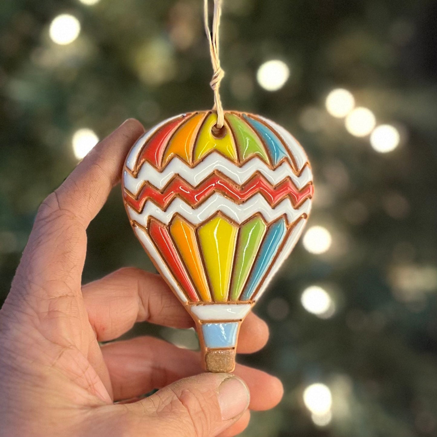 Rainbow Hot Air Balloon Ornament: Local Handmade Hand Painted Ceramic Clay Christmas
