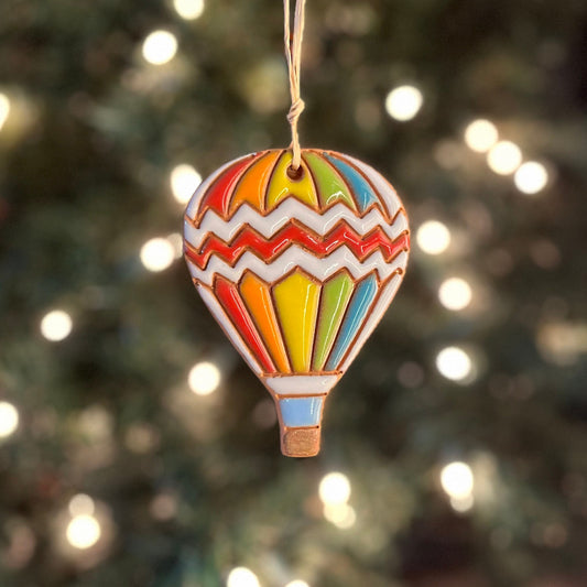 Rainbow Hot Air Balloon Ornament: Local Handmade Hand Painted Ceramic Clay Christmas