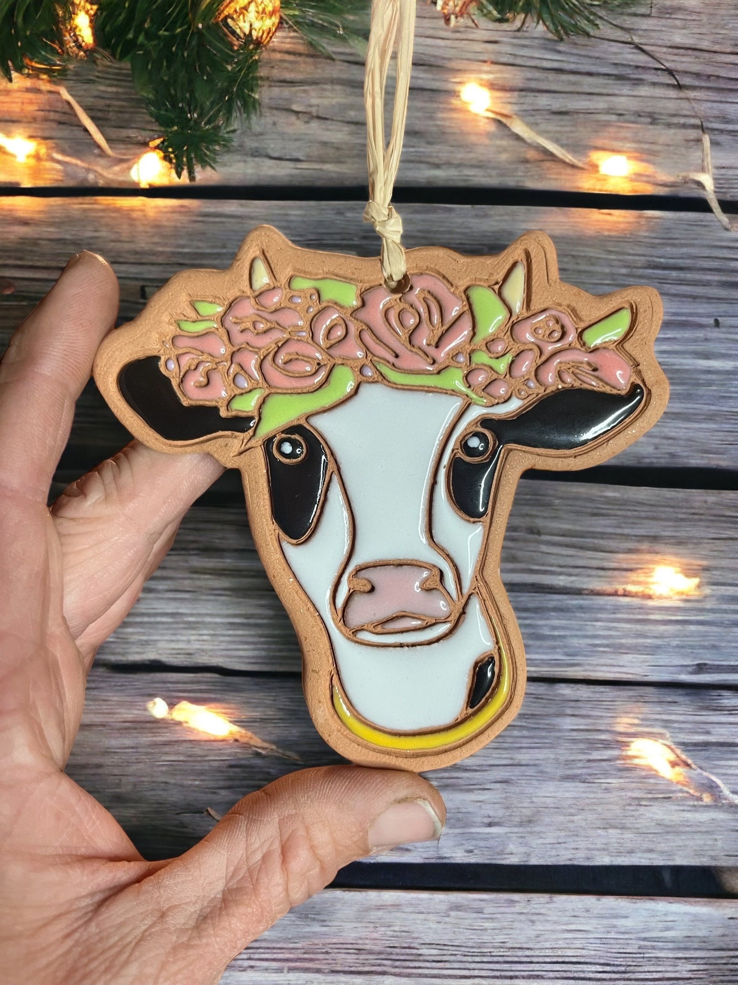 Cow with Rose Crown Ornament
